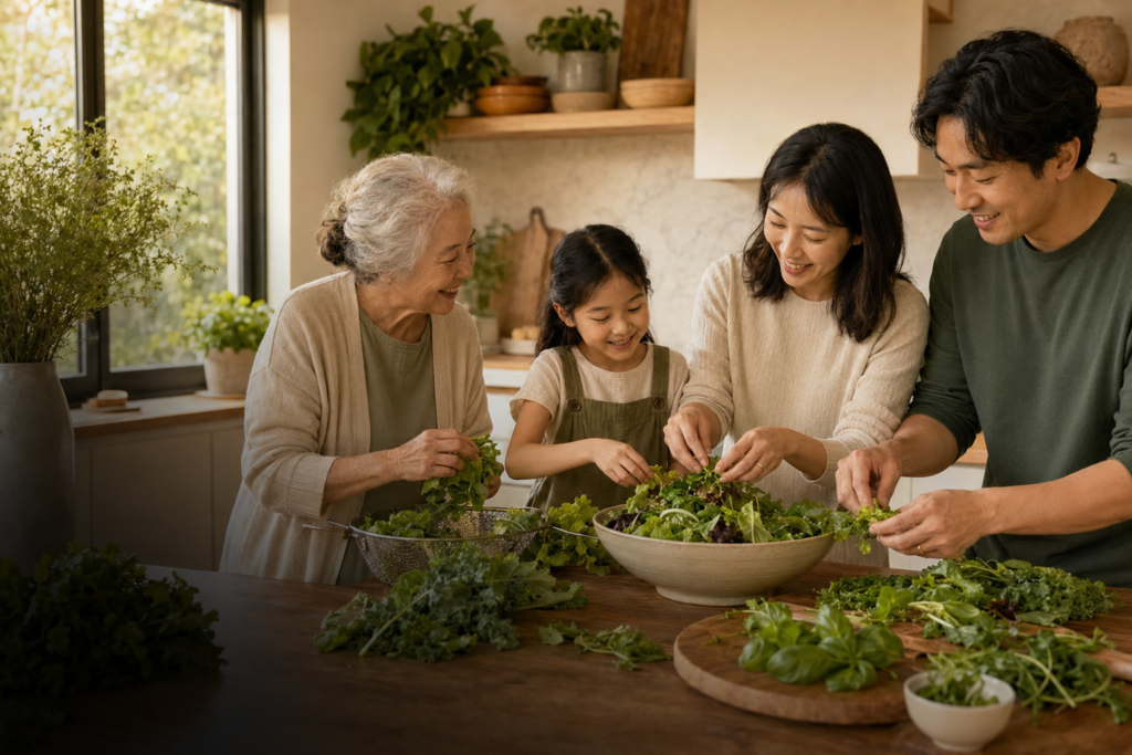 Family preparing a fresh salad together in a bright kitchen with home-grown greens