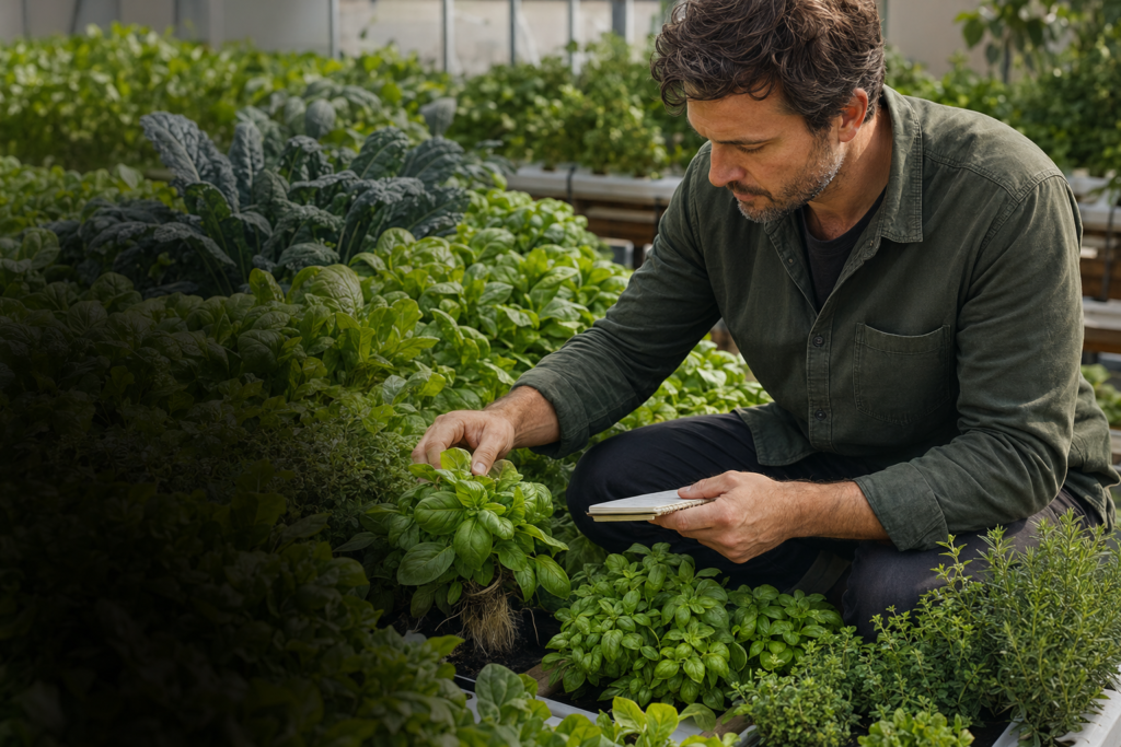Grower tending leafy greens in a well-lit indoor growing space