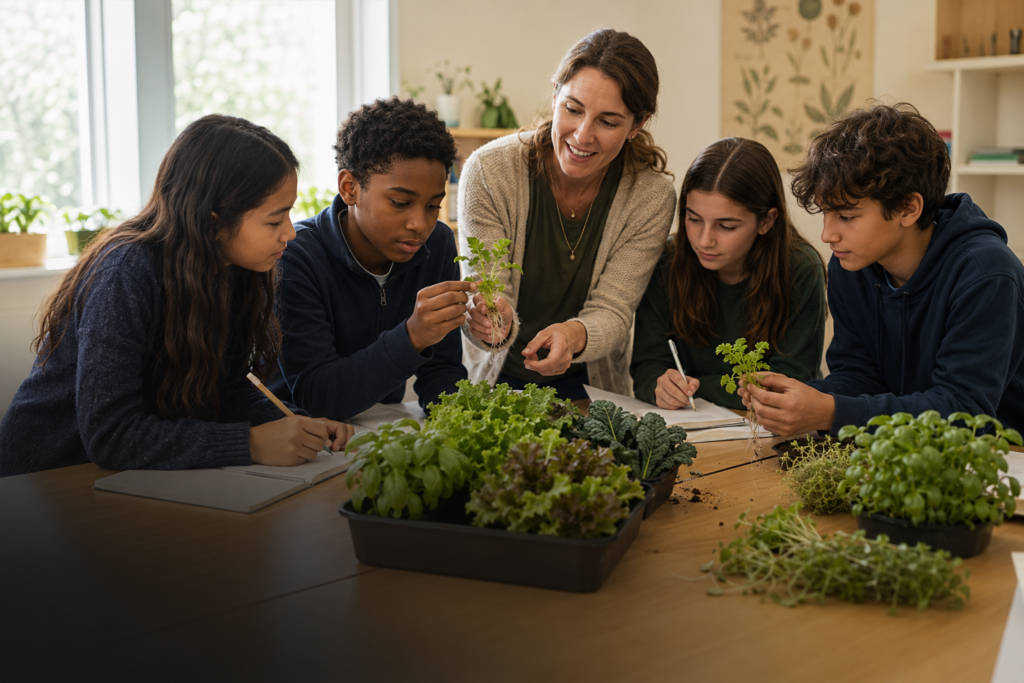 Students working together around a classroom growing system