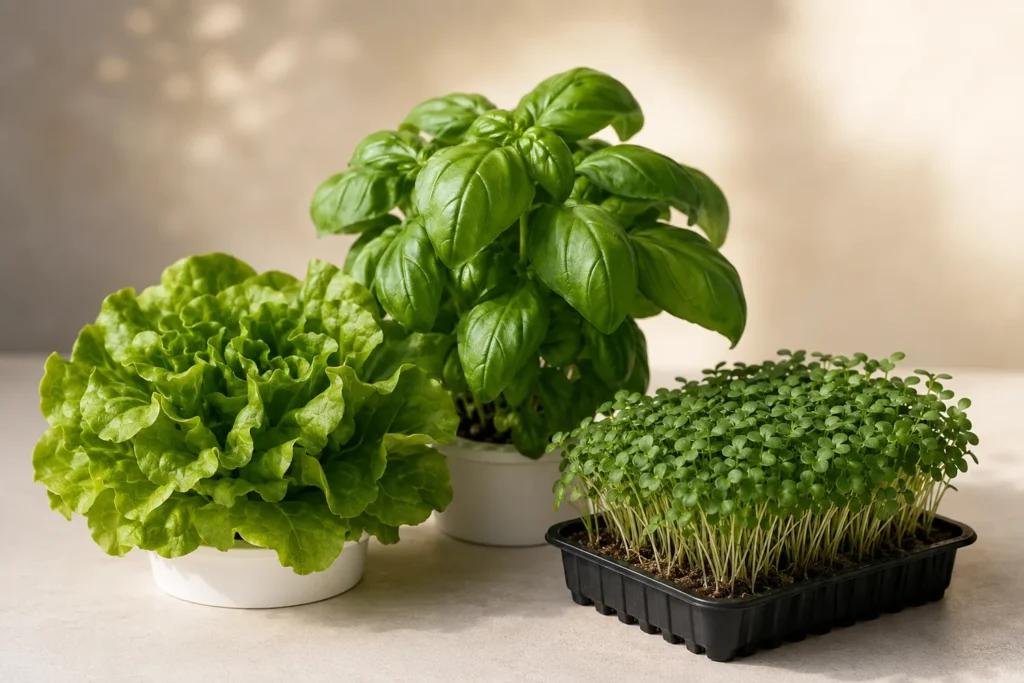 Lettuce, basil, and microgreens selected for beginner hydroponic growers.