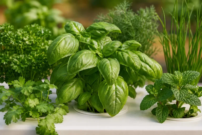 Fresh basil and culinary herbs growing hydroponically.
