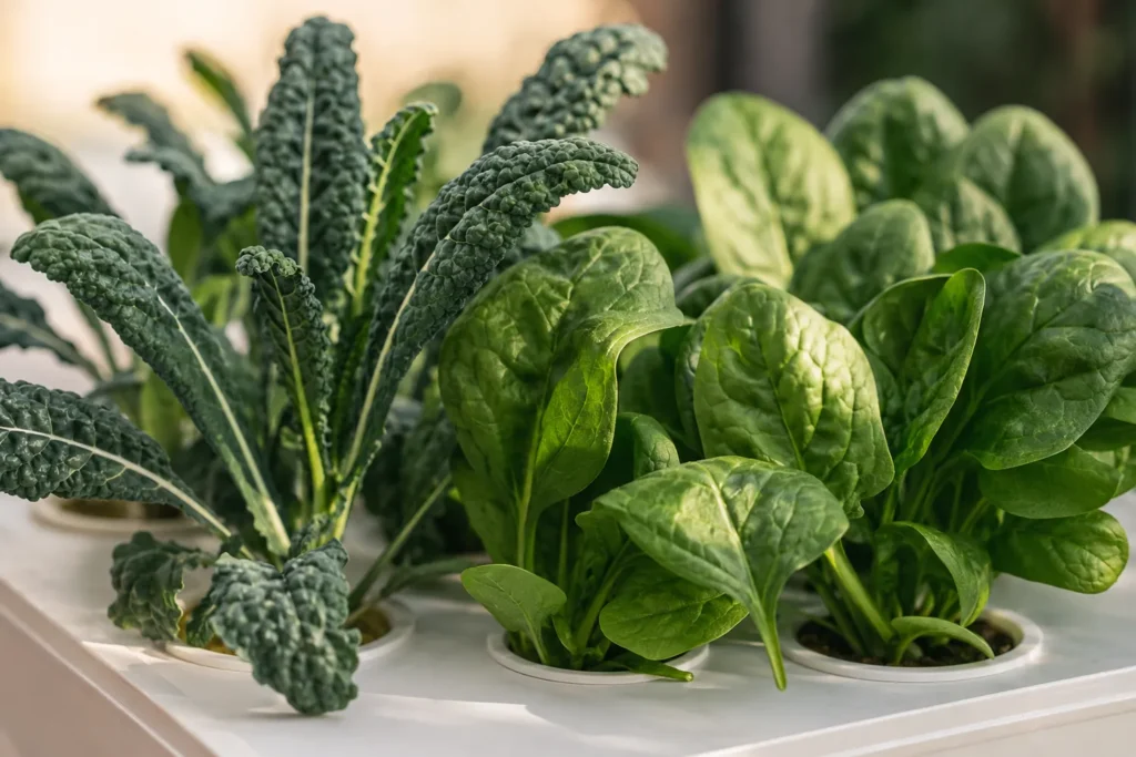 Kale and spinach growing in a hydroponic system.
