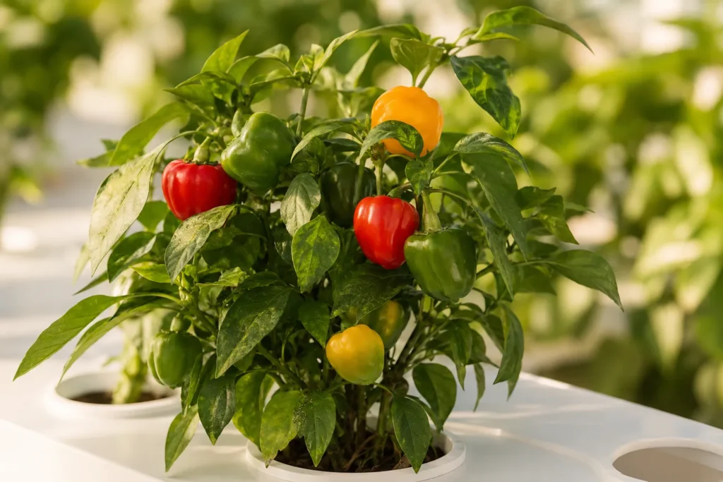 Colorful peppers growing indoors in a hydroponic system.