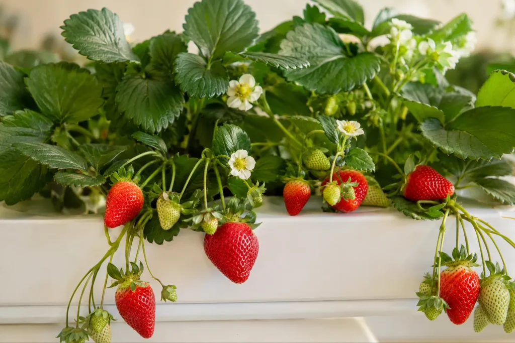 Ripe strawberries and flowers growing hydroponically.