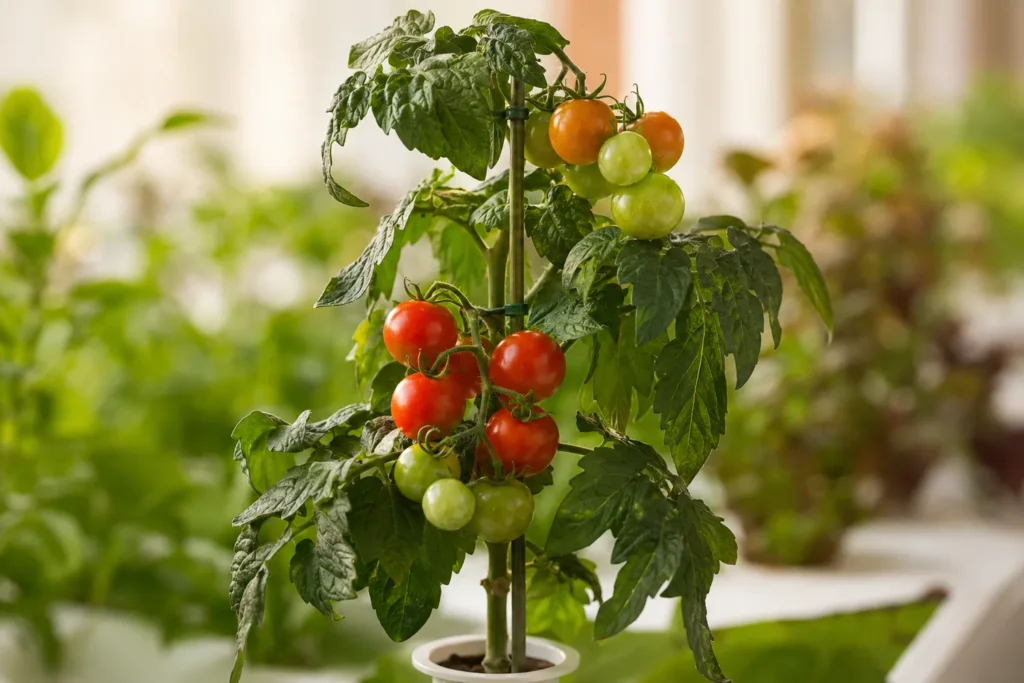 Compact tomatoes ripening indoors on a supported hydroponic vine.