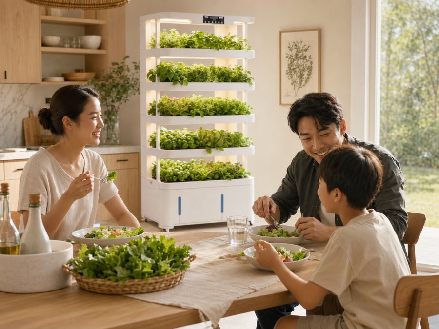 Family meal with homegrown greens