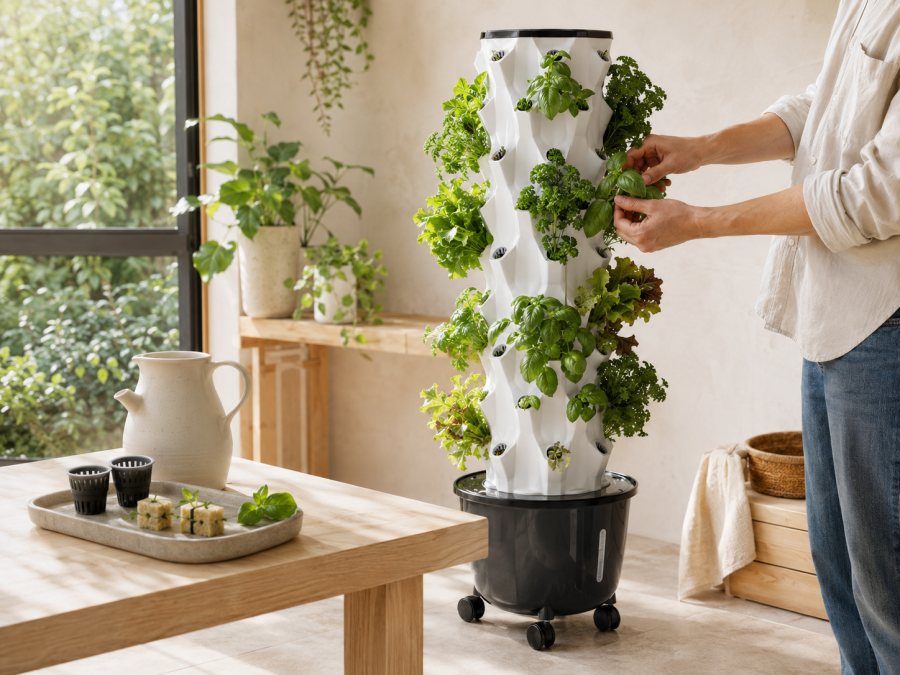 Hands harvesting basil from a tower garden