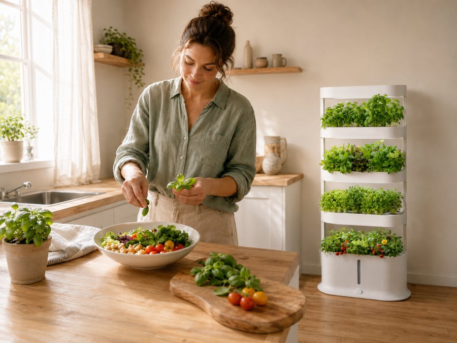 Floor-standing hydroponic tower beside the kitchen counter