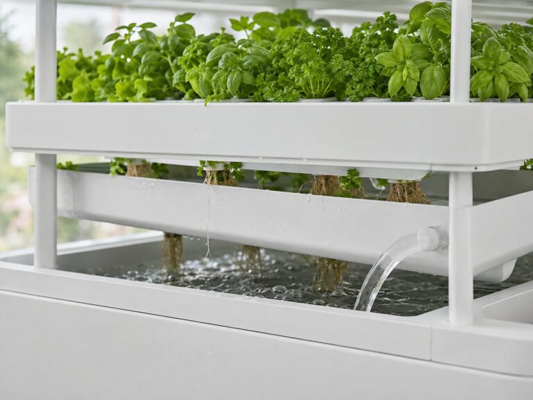Water recirculating through a Nutraponics hydroponic shelf system