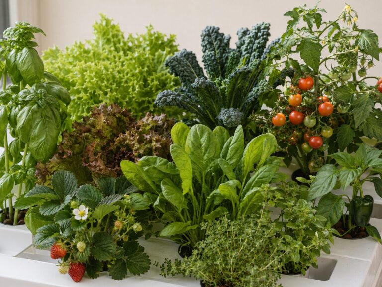 Lettuce, kale, basil, strawberries and tomatoes growing together hydroponically