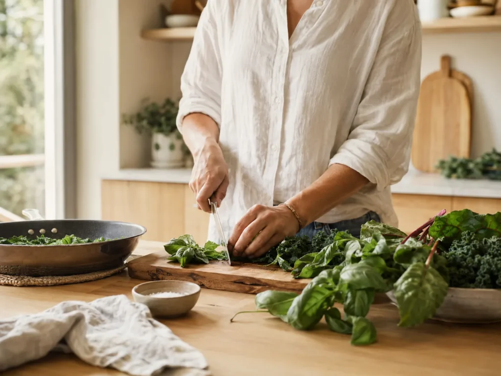 Fresh herbs and greens being prepared for an everyday meal.