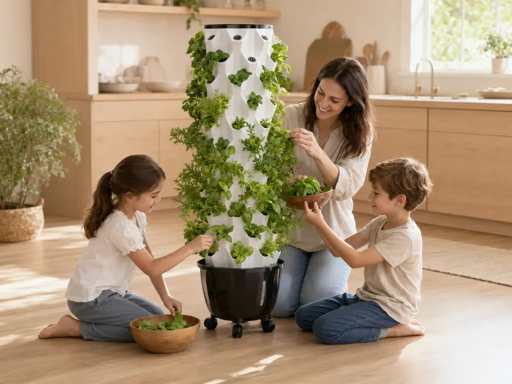Family harvesting fresh produce from a Nutraponics system.