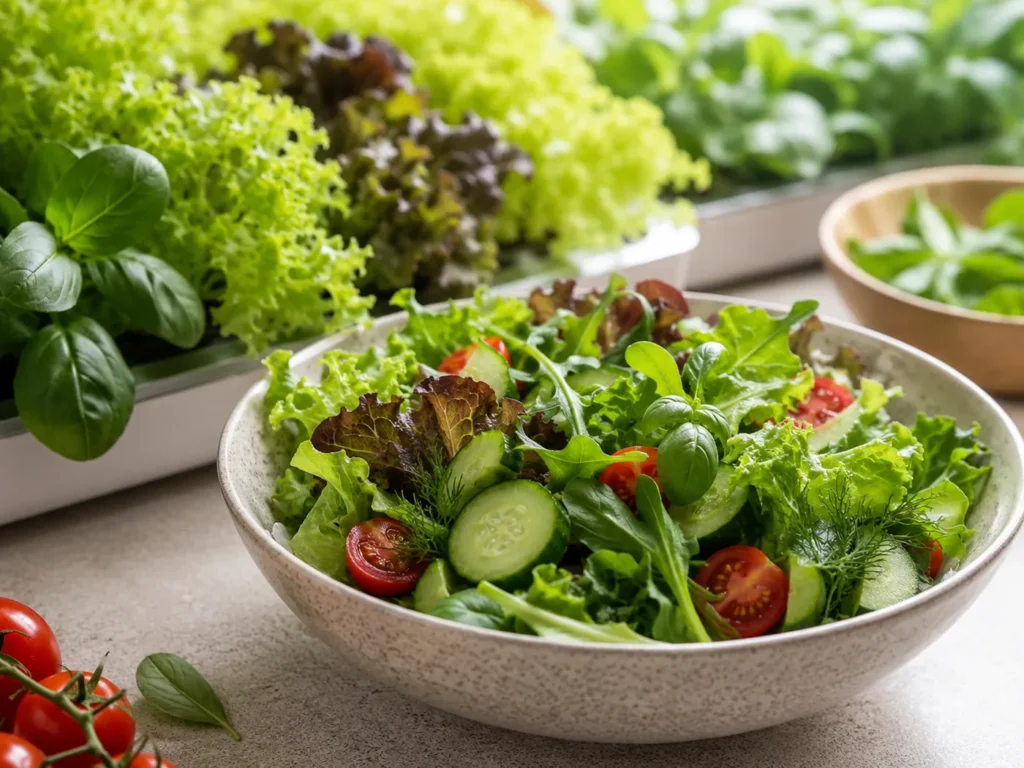 Fresh salad made with home-grown leafy greens and herbs.