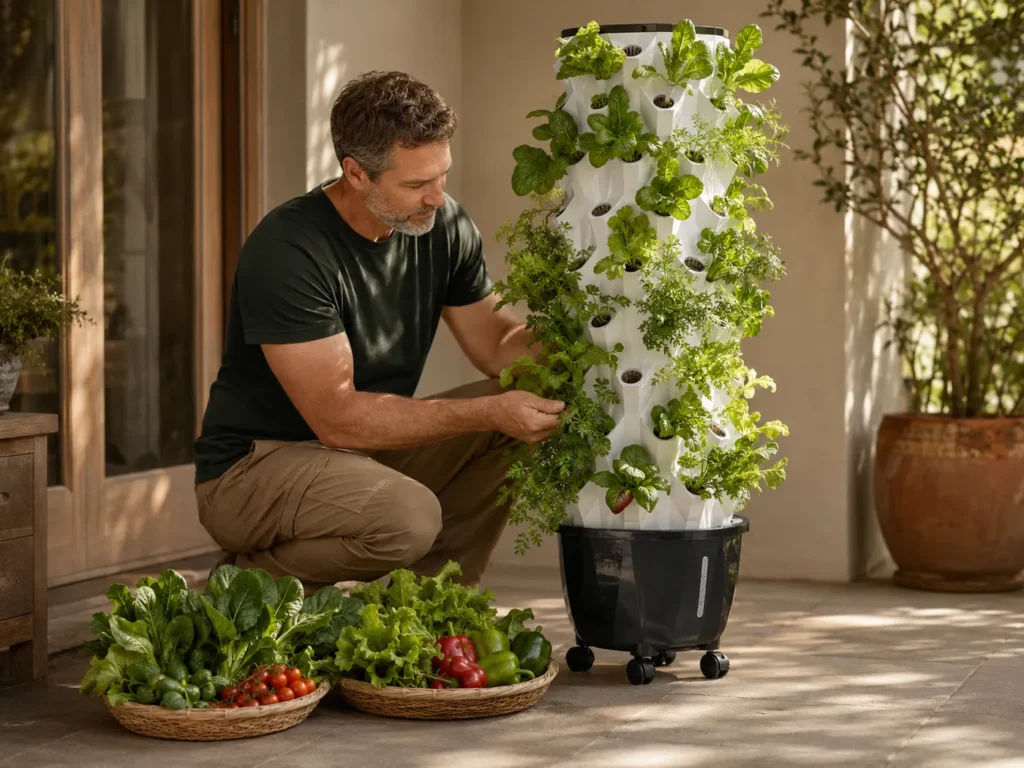 Large harvest of greens, tomatoes, and peppers grown indoors.