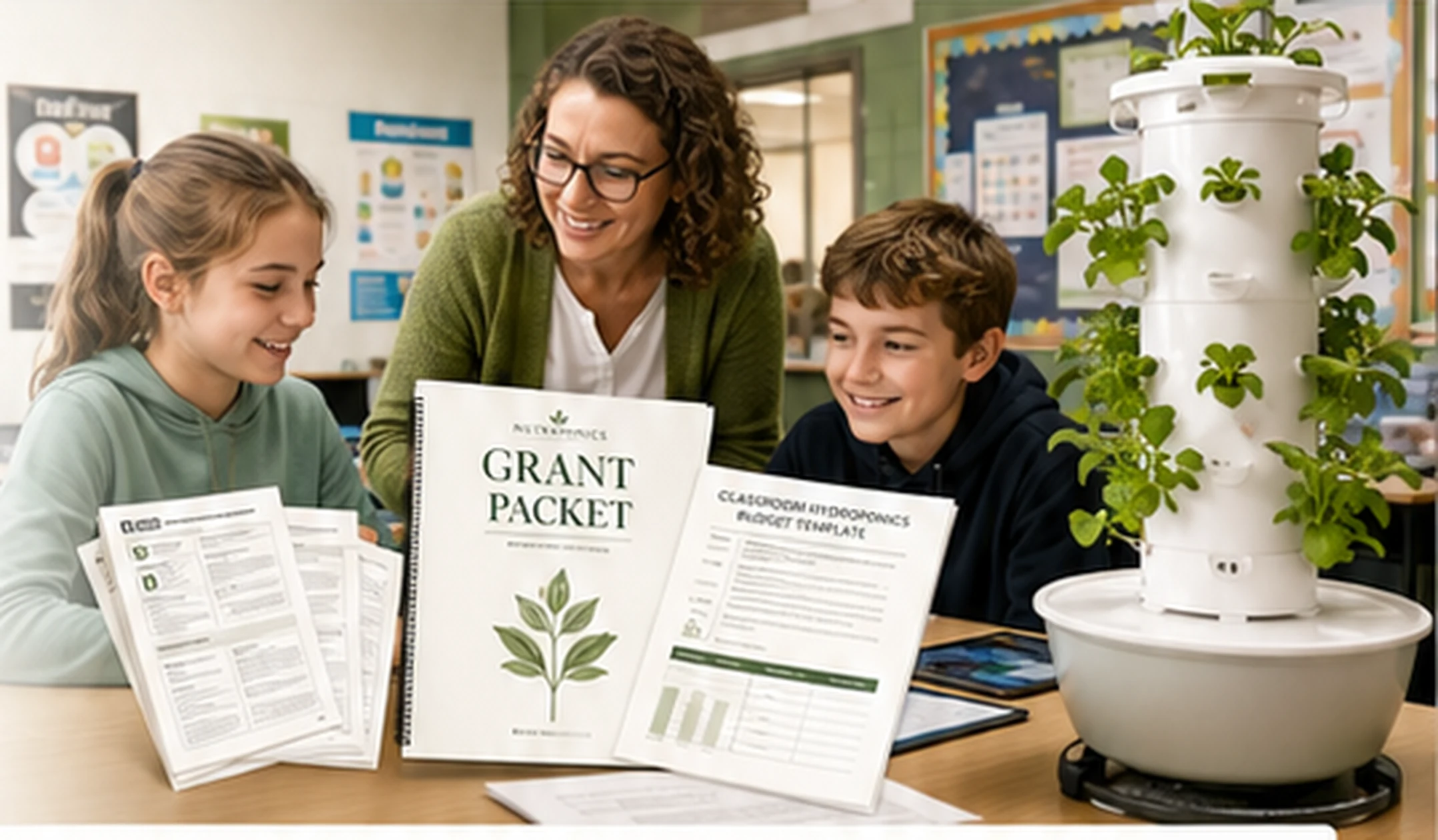 Teacher and students reviewing a Nutraponics classroom grant packet and budget template beside a hydroponic tower.