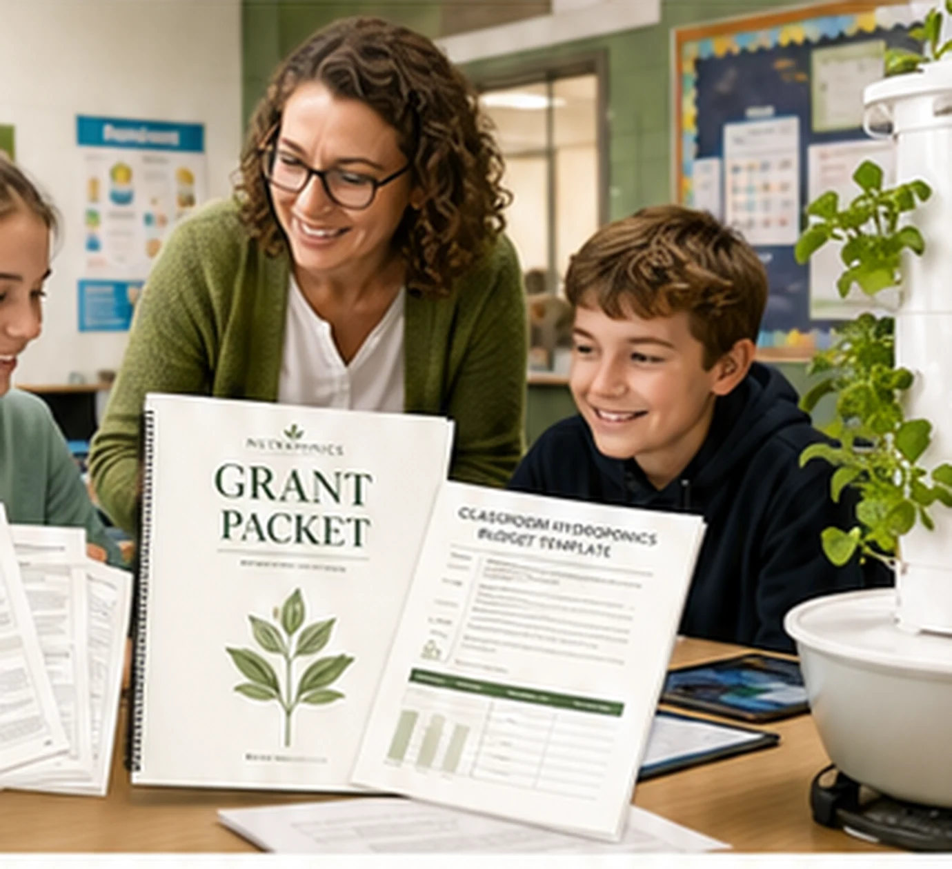 Teacher and students reviewing a Nutraponics classroom grant packet and budget template beside a hydroponic tower.