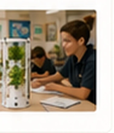 Teacher and students working beside a classroom hydroponic tower.