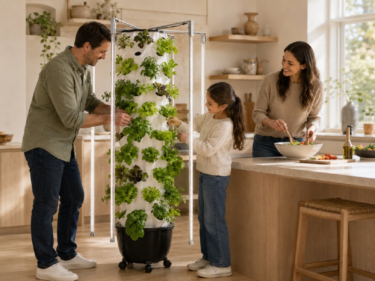 Family harvesting fresh hydroponic greens at home.