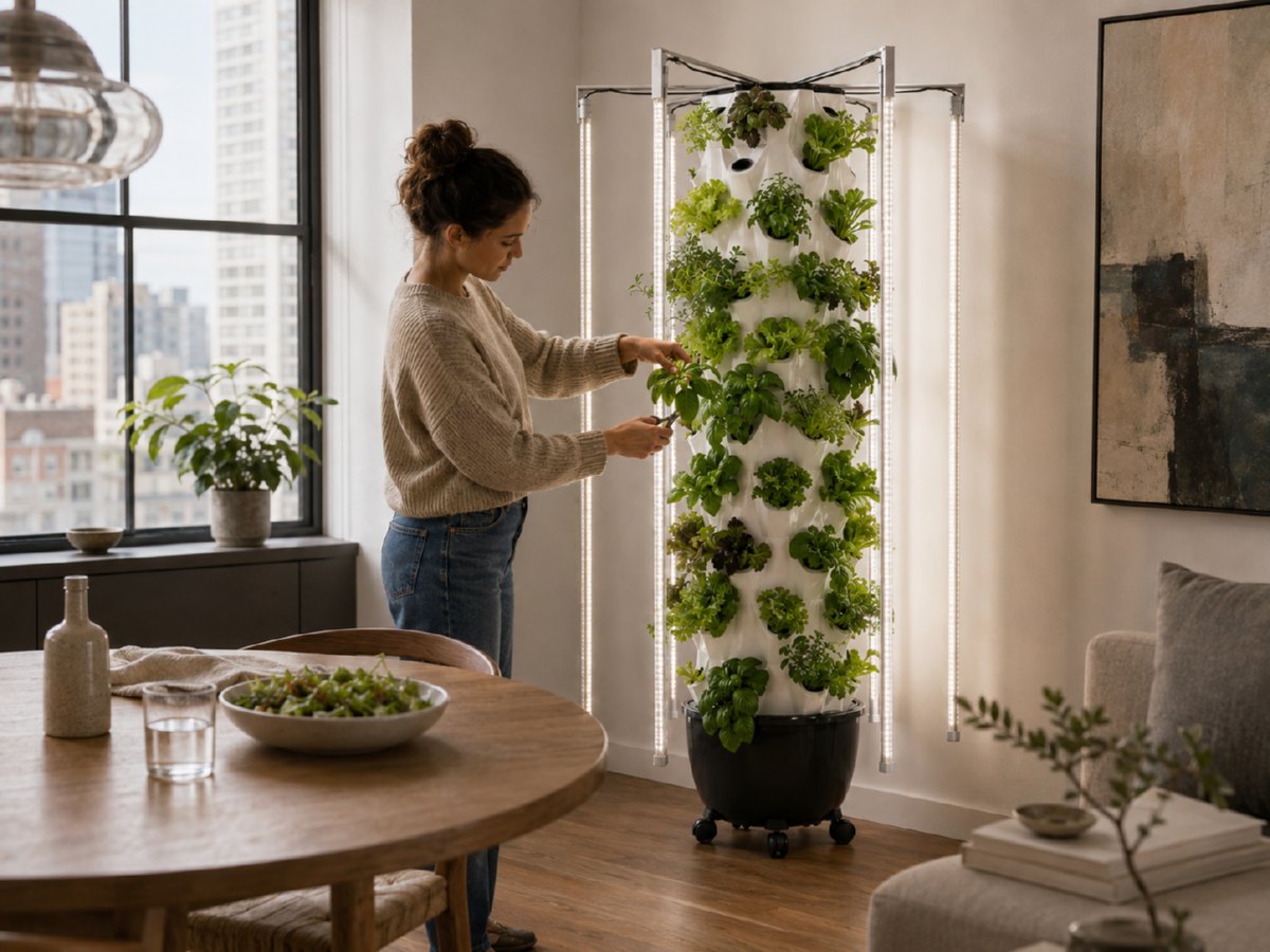 Fresh hydroponic basil harvested beside a compact tower garden.