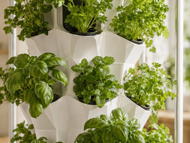 Fresh herbs growing hydroponically in a Nutraponics tower.