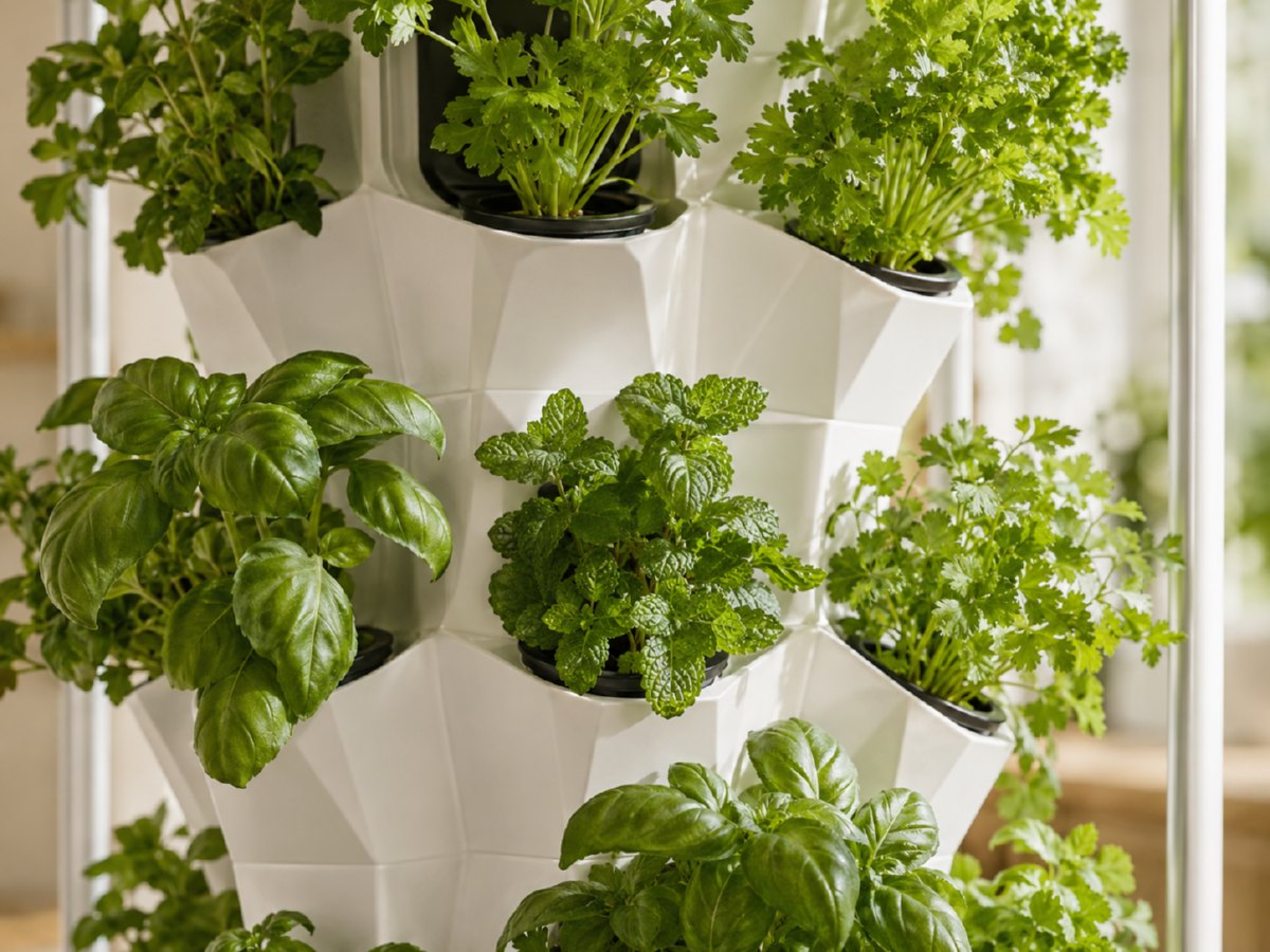 Hydroponically grown fresh herbs in a Nutraponics tower.