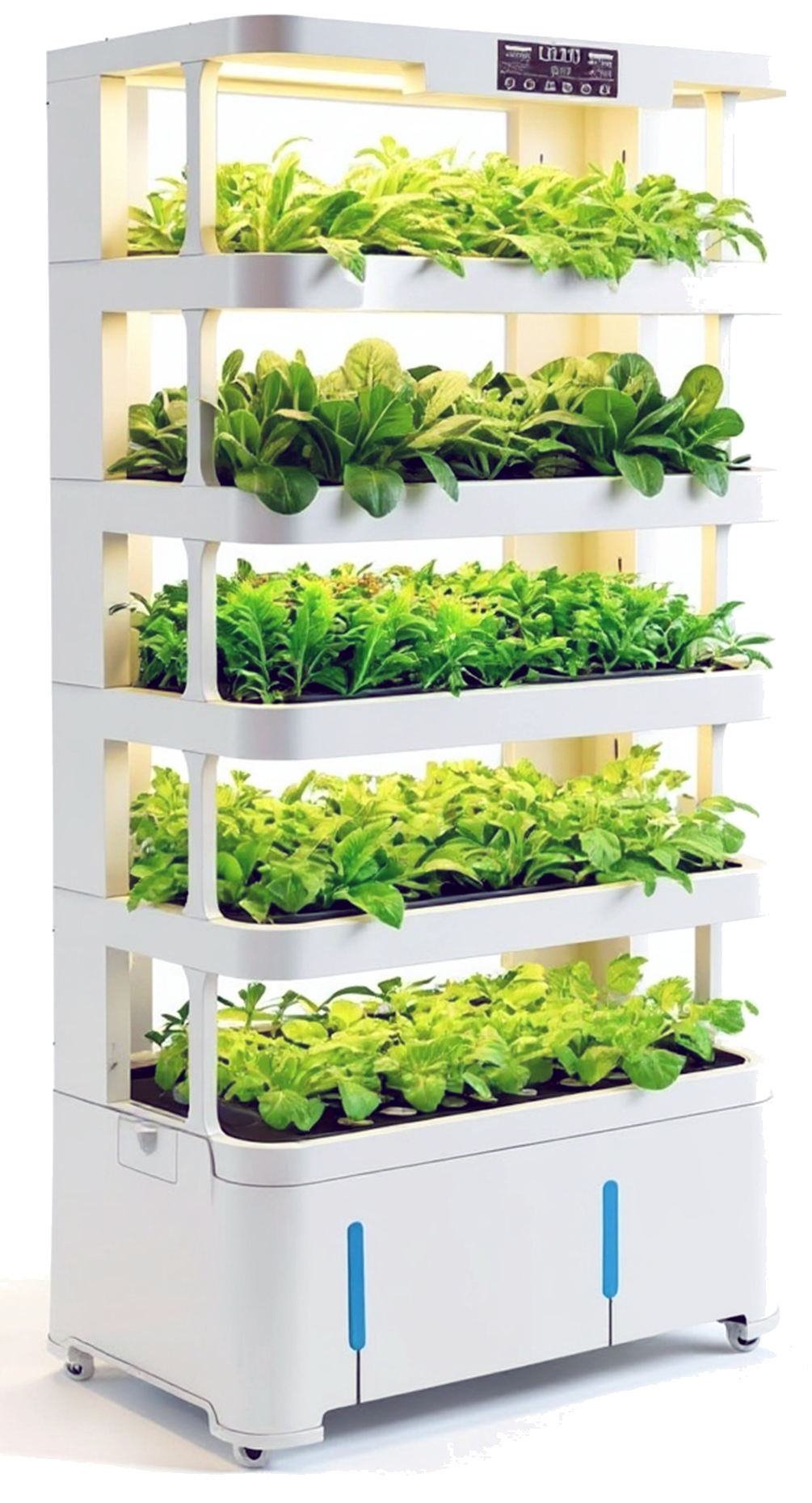 Nutraponics NutraTower hydroponic growing system with five planted tiers under LED lighting