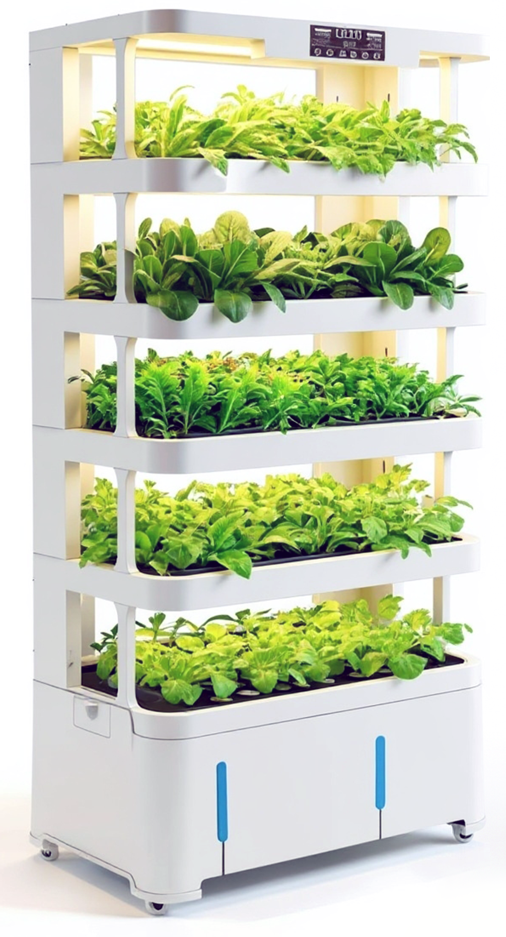 Nutraponics NutraTower hydroponic growing system with five planted tiers under LED lighting