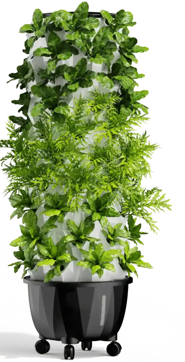 Nutraponics Pro Tower Garden vertical hydroponic system planted with leafy greens and herbs