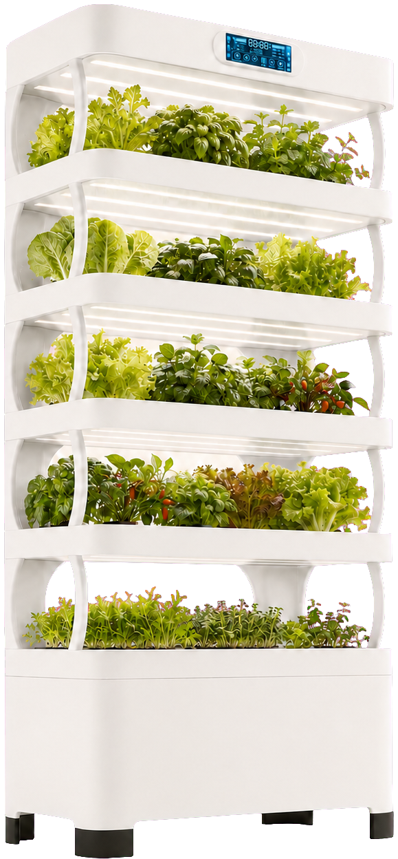 Nutraponics Pro Shelf five-tier hydroponic system with greens growing under LED lighting