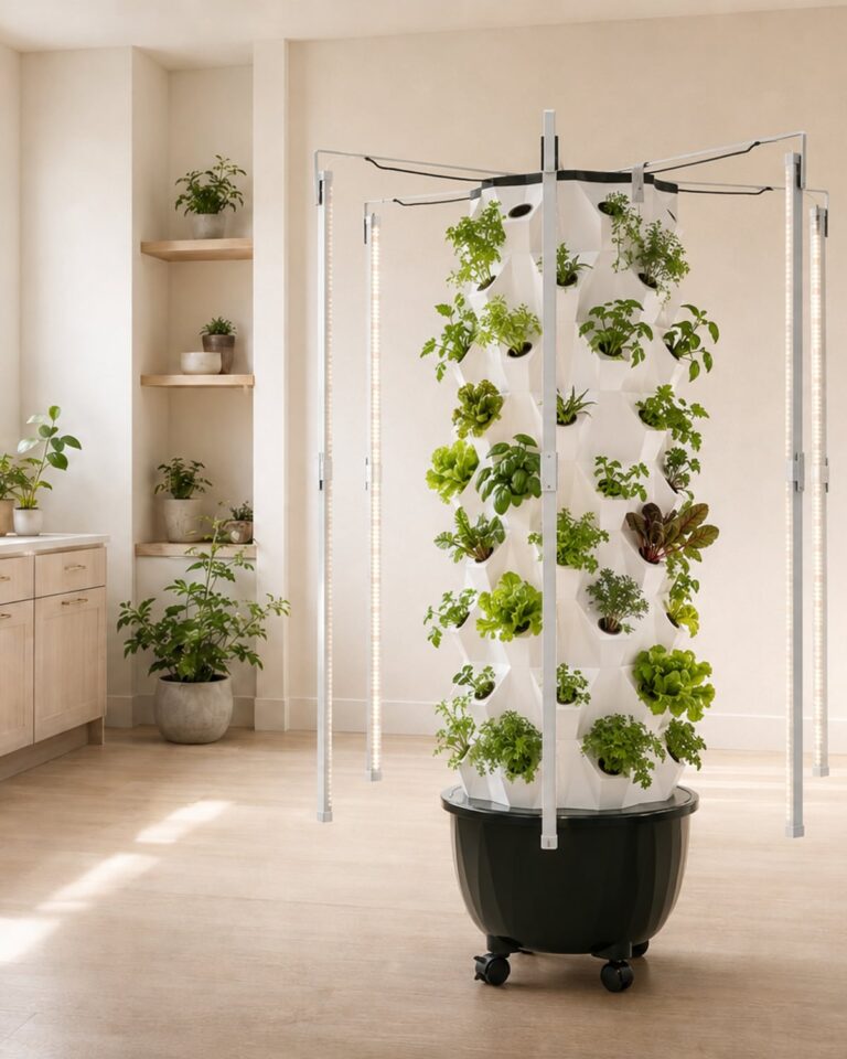Nutraponics open-system tower garden growing leafy greens in a bright kitchen.