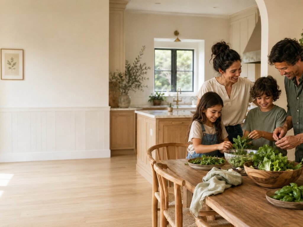 A family preparing a meal together with freshly harvested herbs and greens