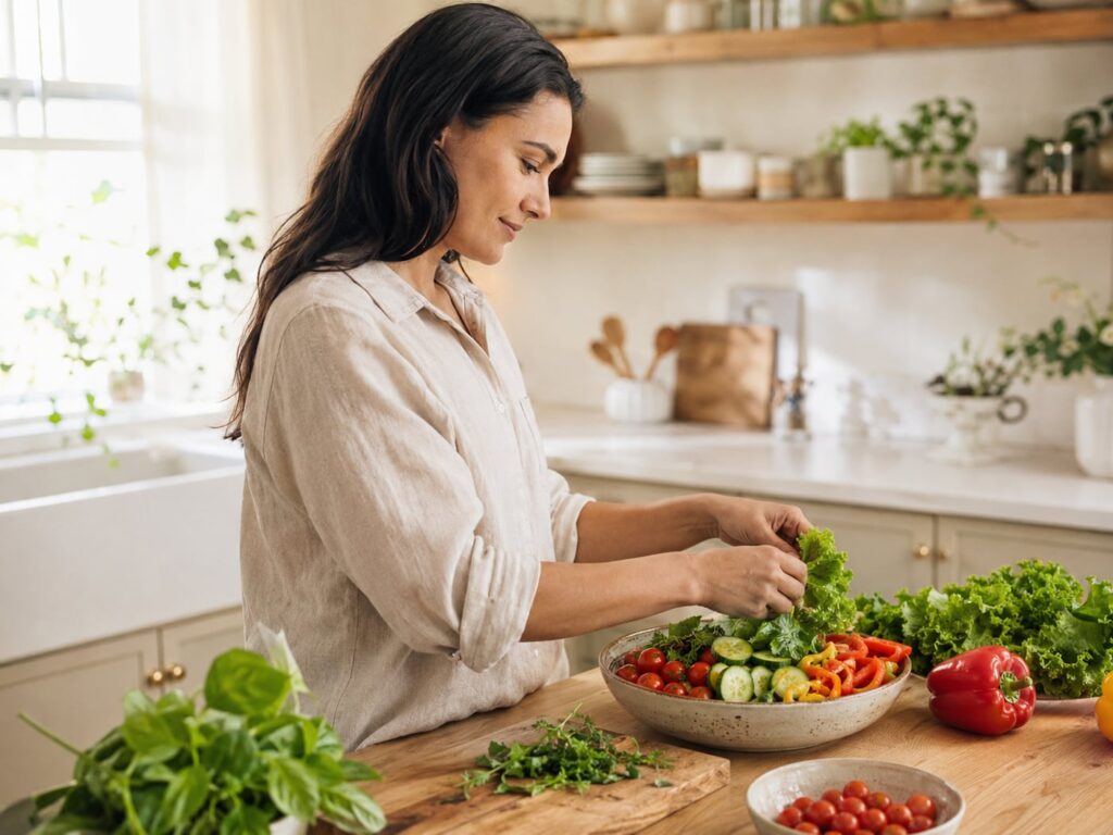 A home grower preparing a fresh salad from just-harvested greens