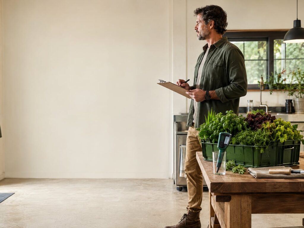 A grower reviewing trays of freshly harvested hydroponic greens