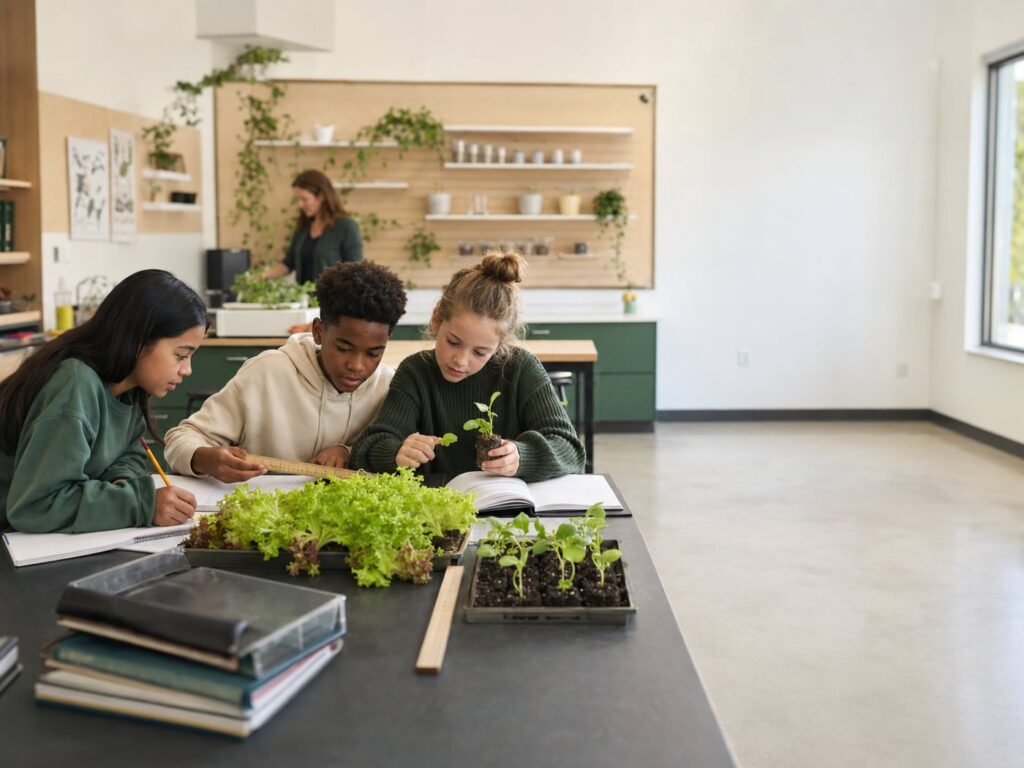 Students measuring hydroponic seedling growth at a classroom table