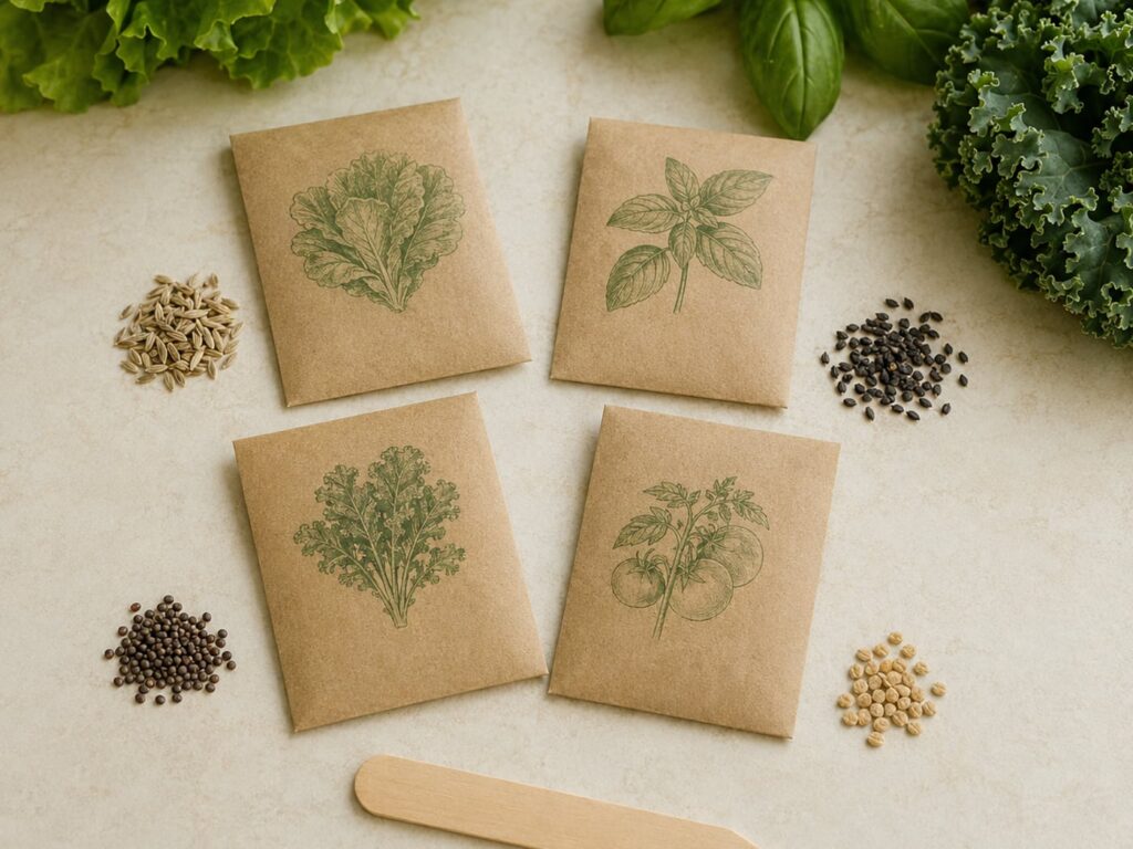 Assorted herb and lettuce seed packets beside loose seeds and fresh greens
