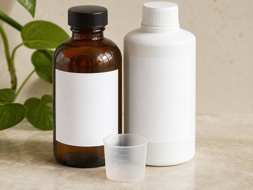 Amber and white hydroponic nutrient bottles with a measuring cup