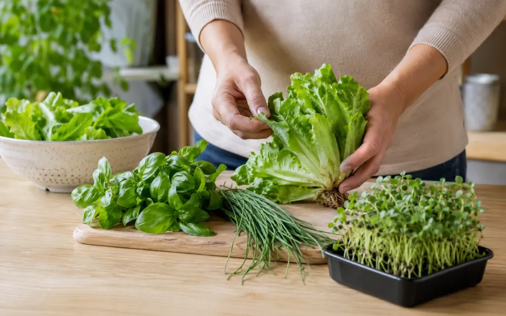 Greens, herbs, and microgreens ready for harvest.