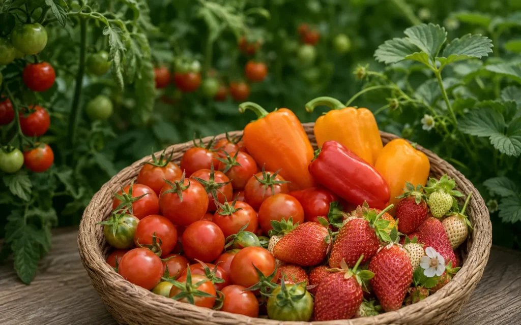 Tomatoes, peppers, and strawberries at harvest.