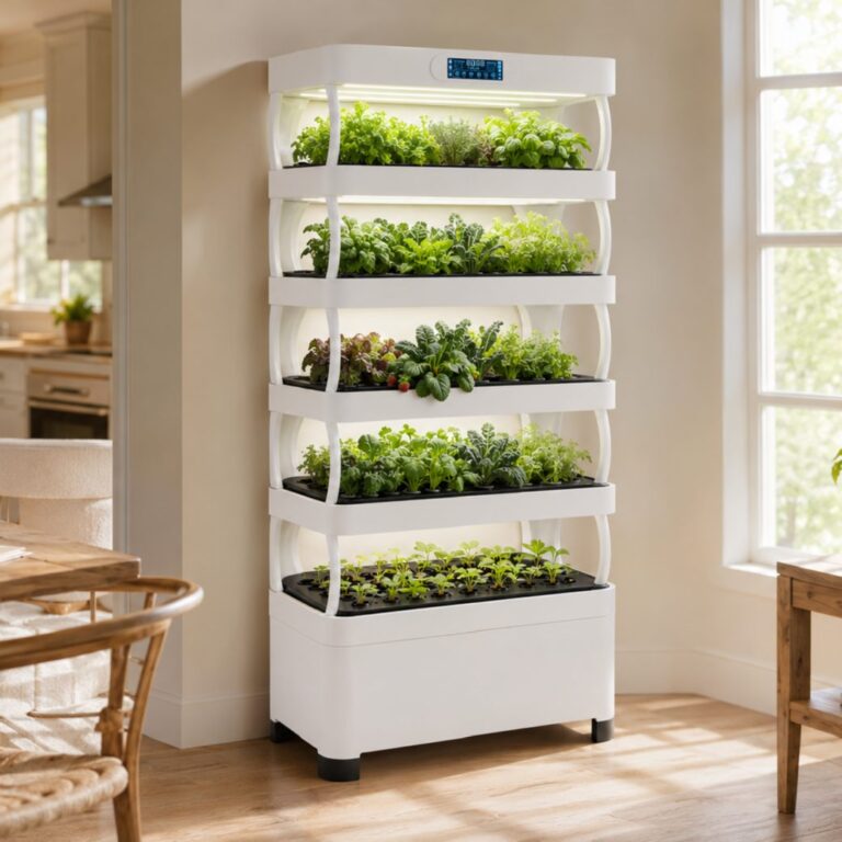 Nutraponics Pro Shelf growing leafy greens and herbs in a bright indoor room.