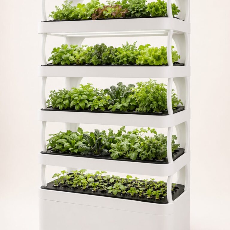 Nutraponics Pro Shelf with four planted growing tiers and LED bars.
