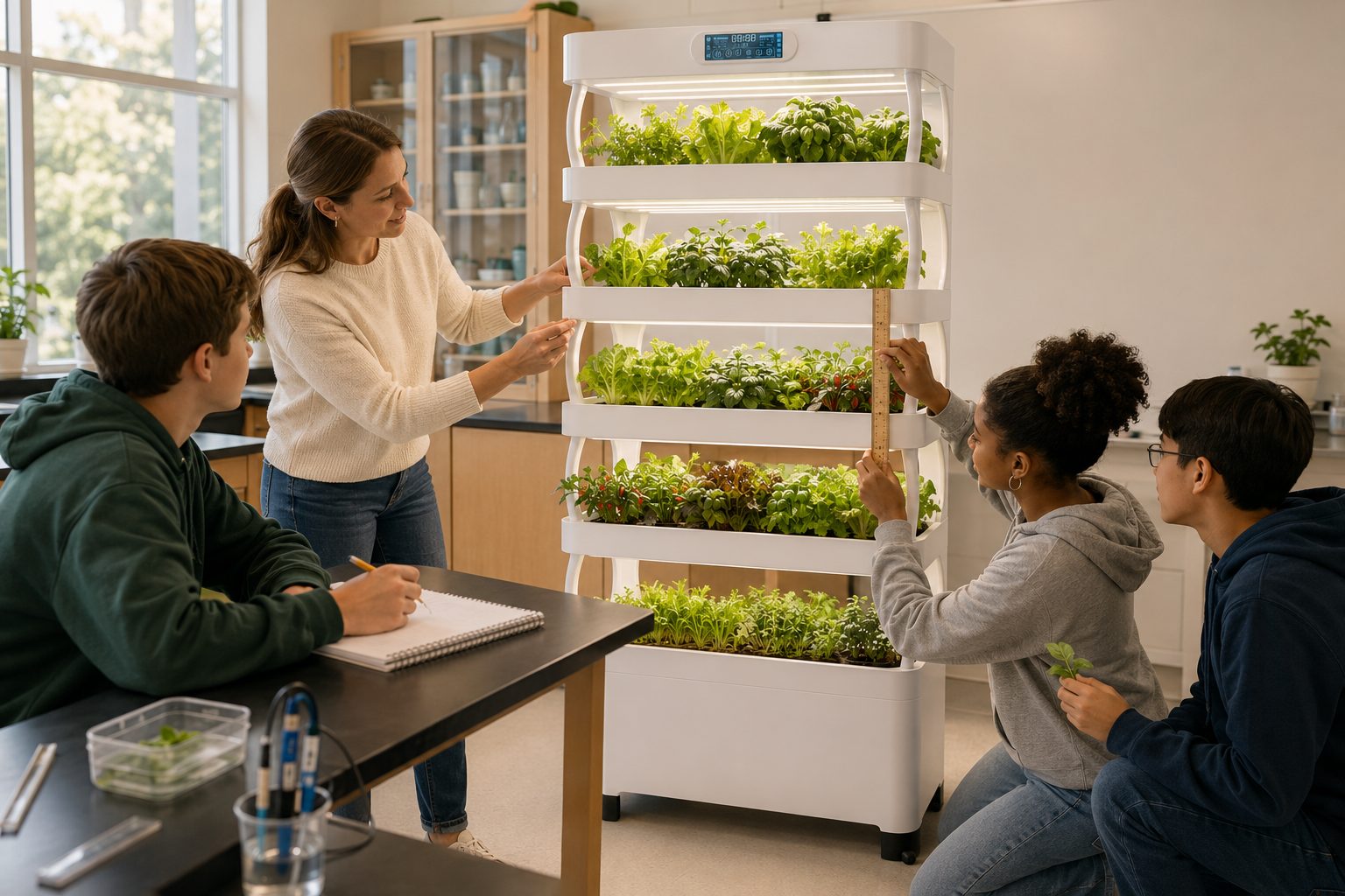 Students learning with a Nutraponics Pro Shelf in a classroom