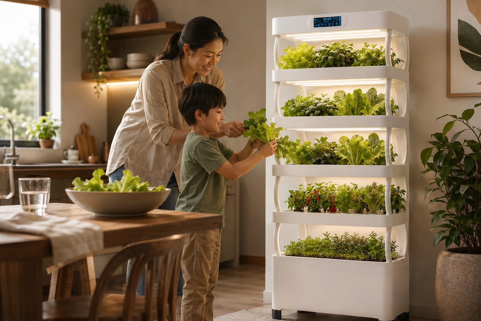 Family tending greens grown in a Nutraponics Pro Shelf at home