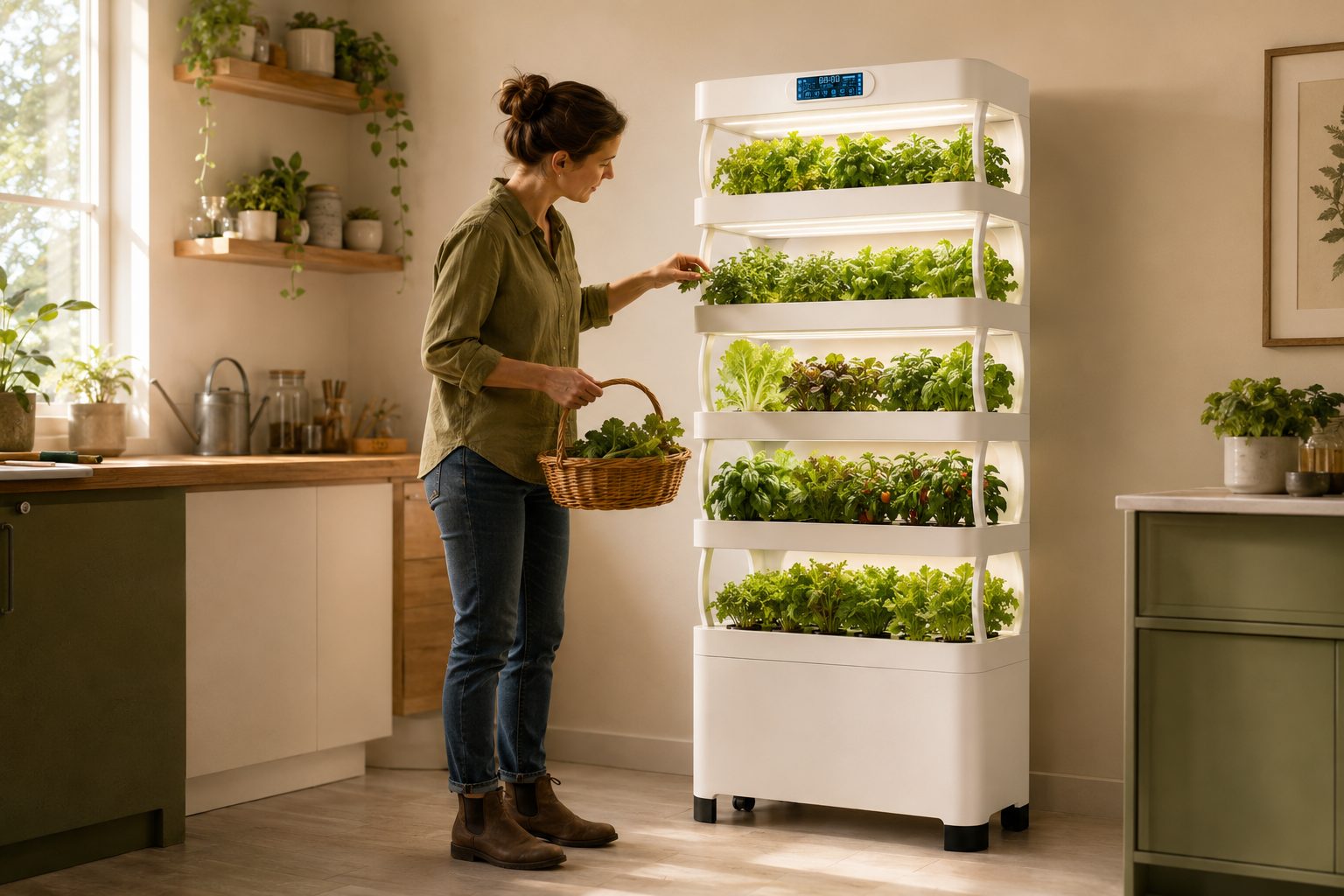 Grower tending a productive Nutraponics Pro Shelf