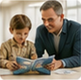 Teacher answering a student question over a lesson book.