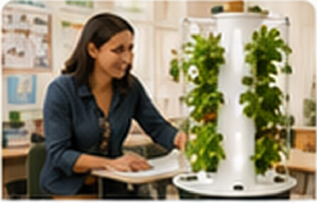 STEM coordinator planning a classroom hydroponics program beside a tower.