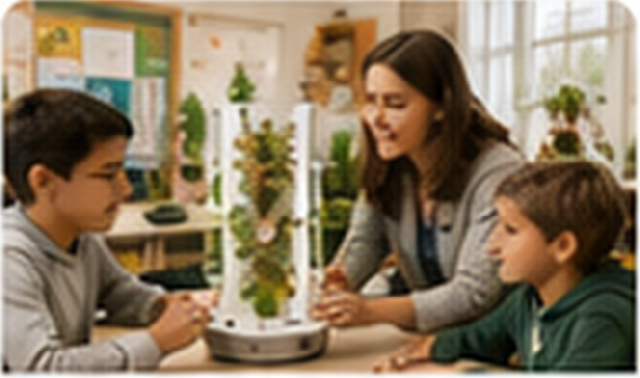 Teacher and students learning beside a classroom hydroponic tower.