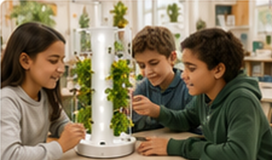 Students observing plants growing in a classroom hydroponic tower.