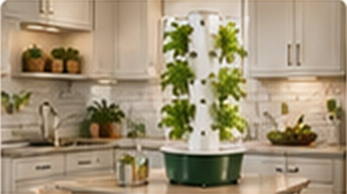 Nutraponics tower garden in a home kitchen