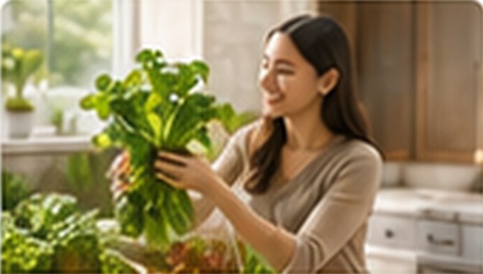 Woman harvesting fresh greens from a Nutraponics system