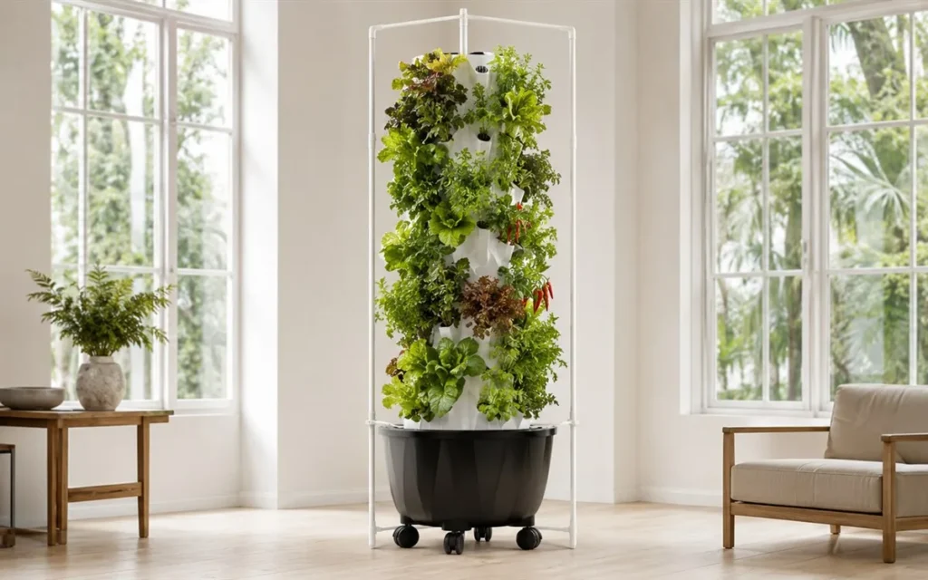 Nutraponics tower garden in a sunlit living room